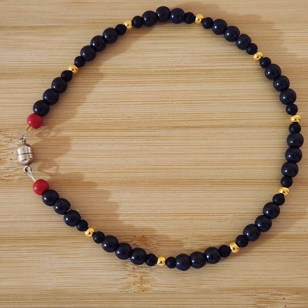 Hand Crafted Anklet Ankle Bracelet Beaded Black Red Gold 12"
